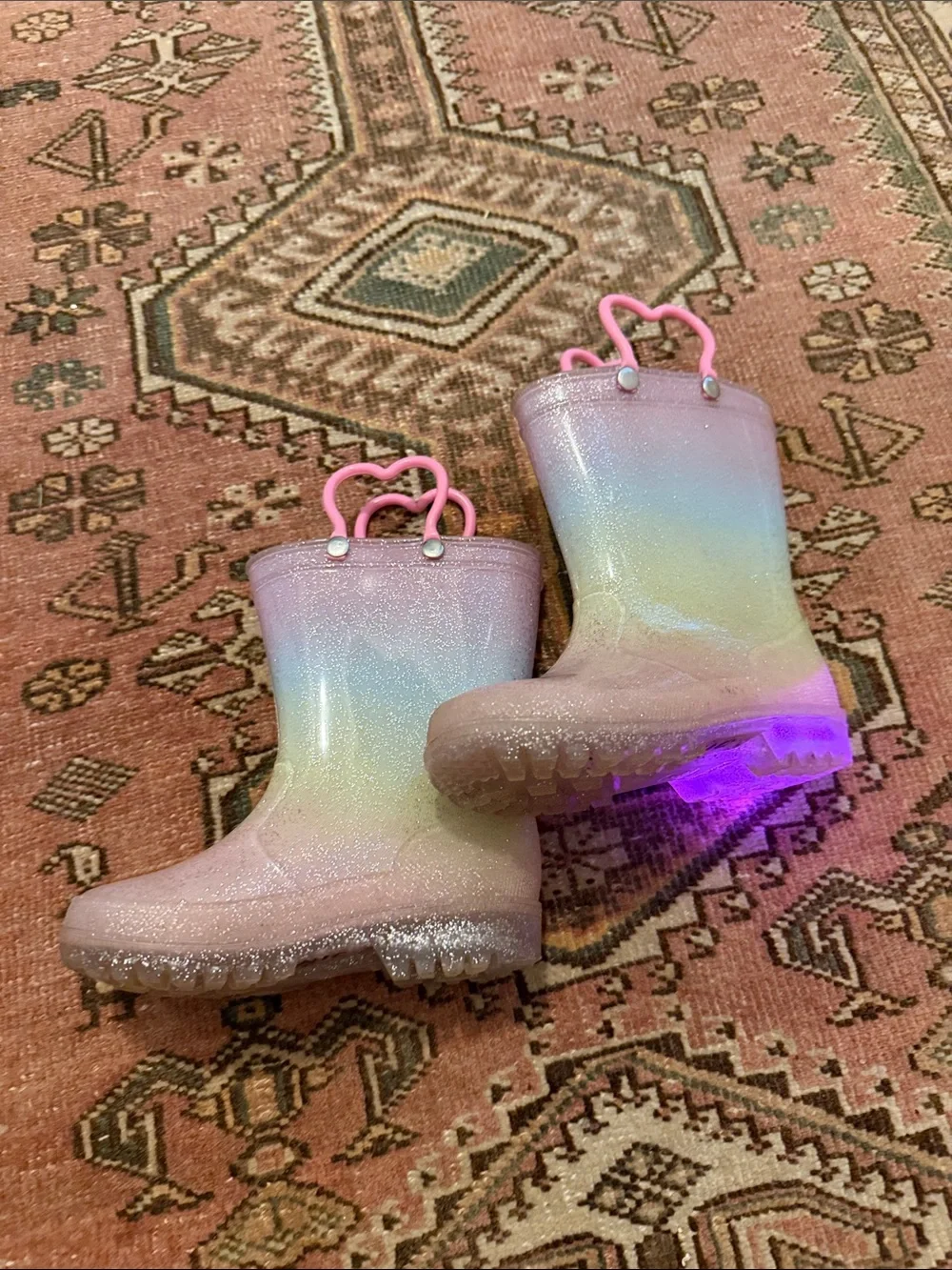 Rainbow glitter light up heart handle rain boots toddler little girl boy size 8